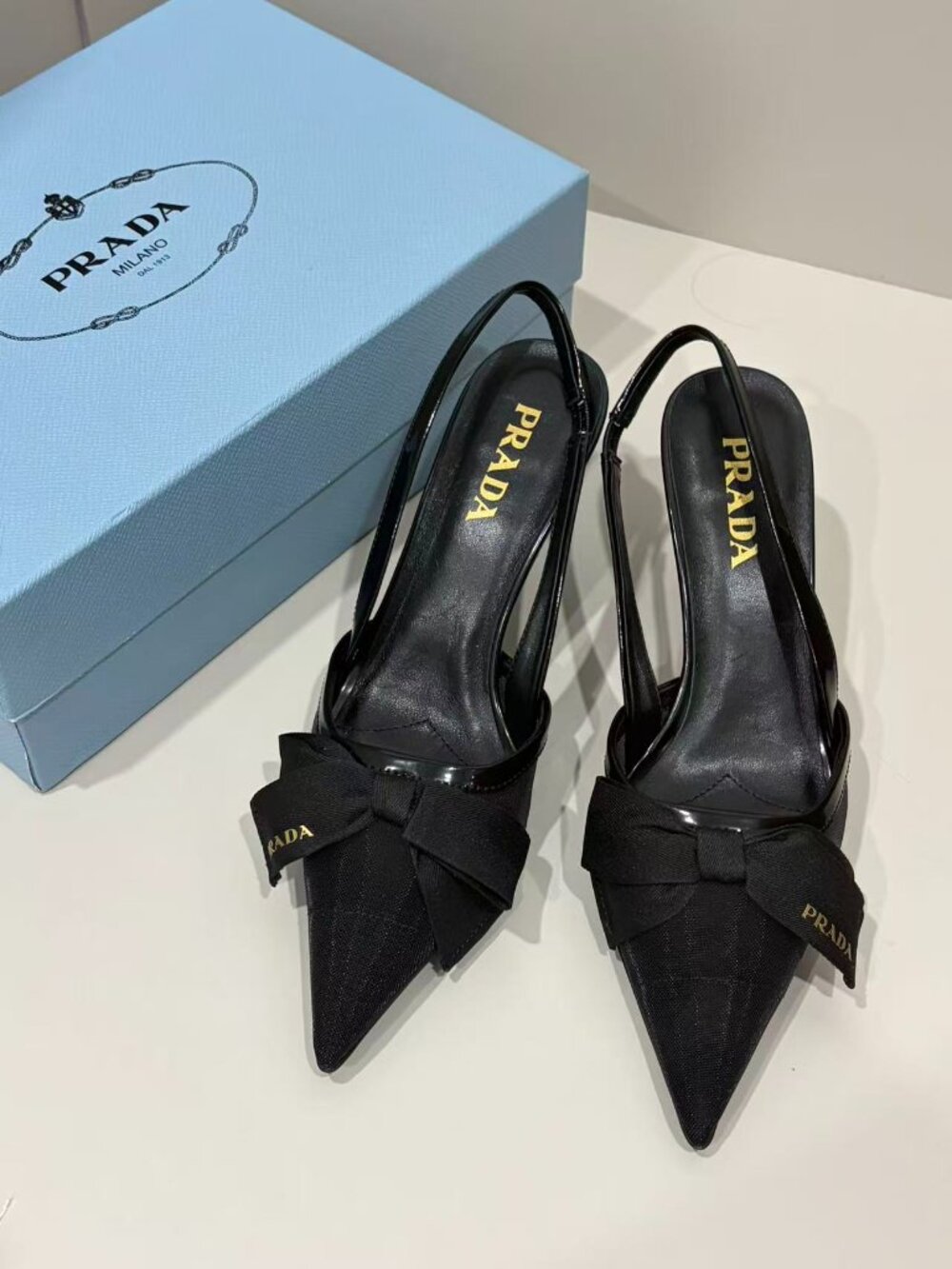 Prada Black Fabric Bow Slingback Pumps Heels